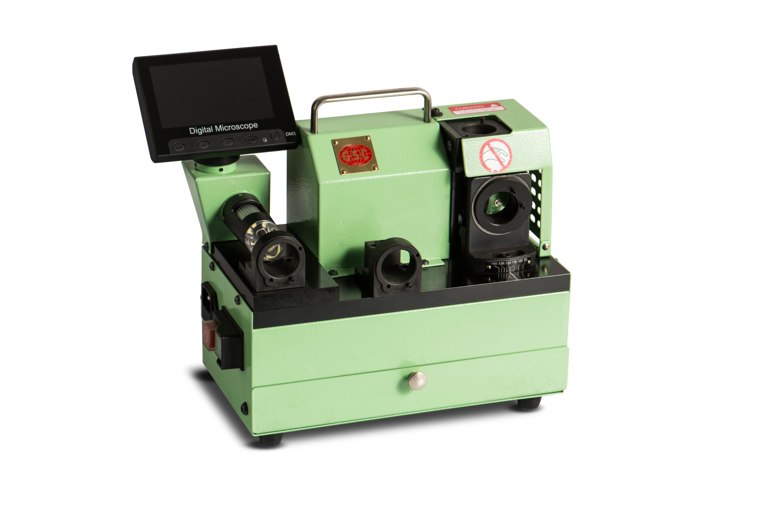 Afiadora de brocas com microscópio digital para inspeção do fio de corte e ângulo de afiação