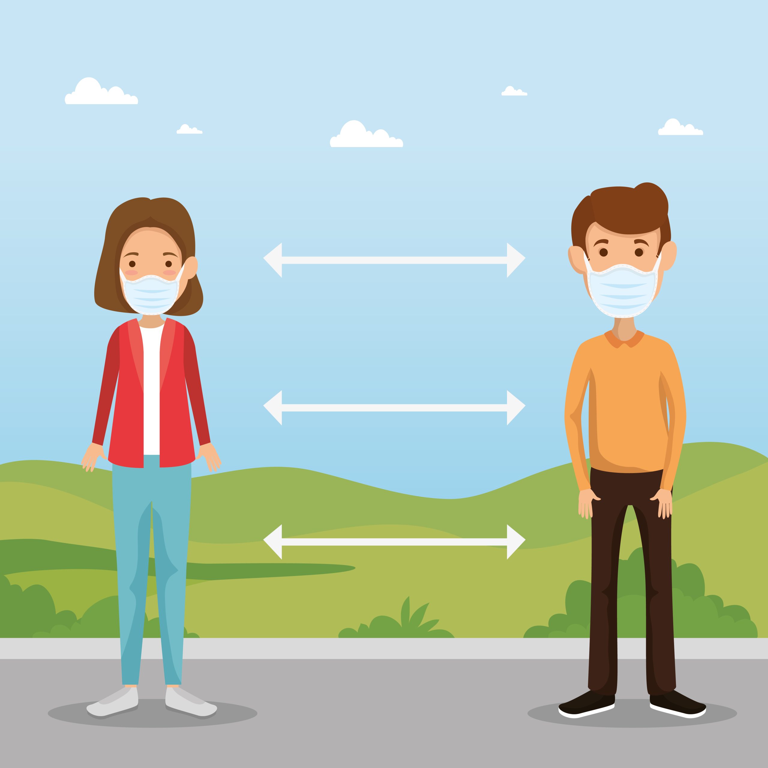 Ilustração de distanciamento social com duas pessoas usando máscara
