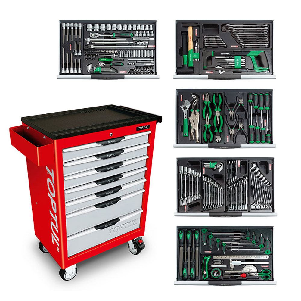 Carro de ferramentas Toptul GCAJ0020 com gavetas organizadas e kit completo para manutenção industrial